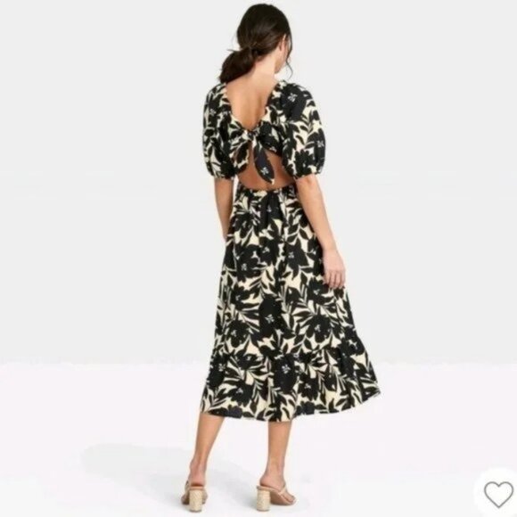 Who What Wear S Linen Blend Black Cream Floral Midi Dress Puff Sleeve‎ Open Back - Picture 5 of 15